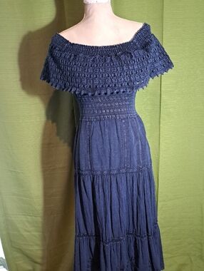 Smocked Off-Shoulder Navy Maxi Dress